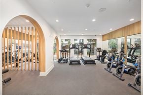Dallas apartment for rent - A gym with a variety of equipment including treadmills, stationary bikes, and weight machines.