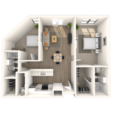 Floor plan for 2 beds, 2 baths, 1023 sqft