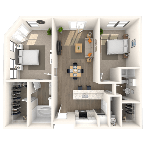 Floor plan for 2 beds, 2 baths, 1042 sqft