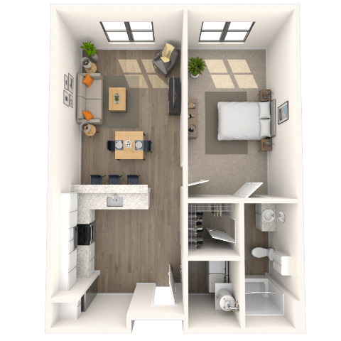 Floor plan for 1 bed, 1 bath, 679 sqft