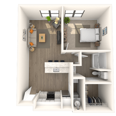 Floor plan for 1 bed, 1 bath, 698 sqft
