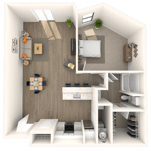 Floor plan for 1 bed, 1 bath, 833 sqft