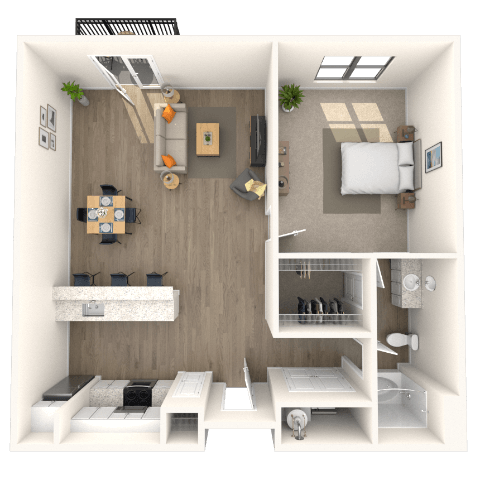 Floor plan for 1 bed, 1 bath, 869 sqft