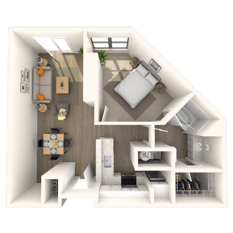 Floor plan for 1 bed, 1 bath, 888 sqft