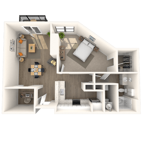 Floor plan for 1 bed, 1 bath, 918 sqft