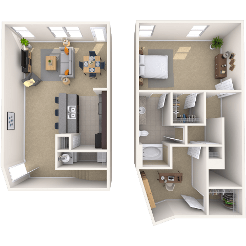 Floor plan for 2 beds, 2 baths, 1281 sqft