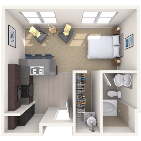 Floor plan for studio, 1 bath, 438 sqft