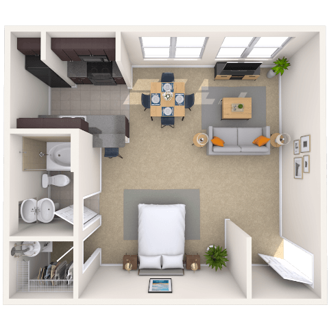 Floor plan for studio, 1 bath, 593 sqft