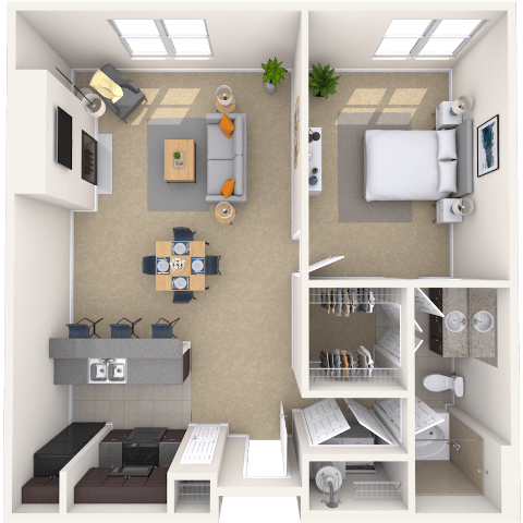 Floor plan for 1 bed, 1 bath, 884 sqft