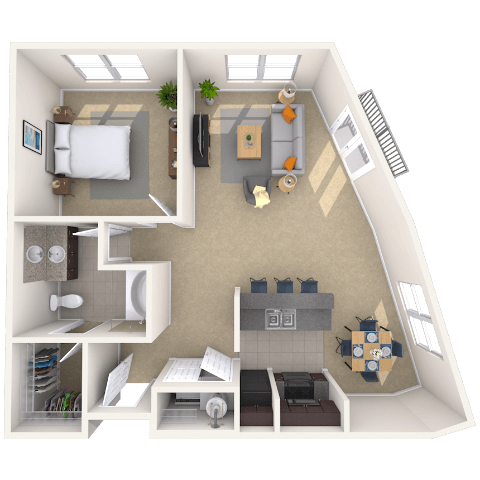 Floor plan for 1 bed, 1 bath, 872 sqft