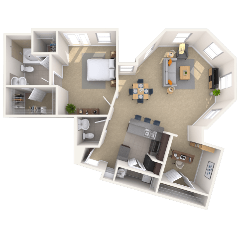 Floor plan for 1 bed, 2 baths, 1171 sqft