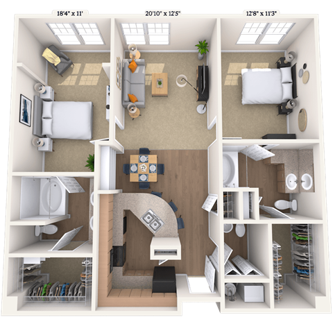 Floor plan for 2 beds, 2.5 baths, 1219 sqft