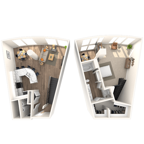 Floor plan for 1 bed, 1.5 baths, 1270 sqft