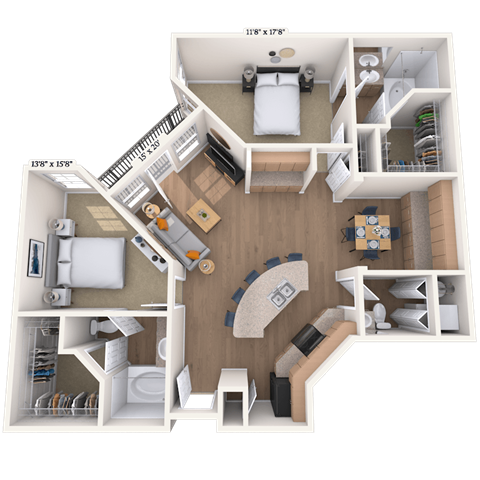 Floor plan for 2 beds, 2.5 baths, 1282 sqft