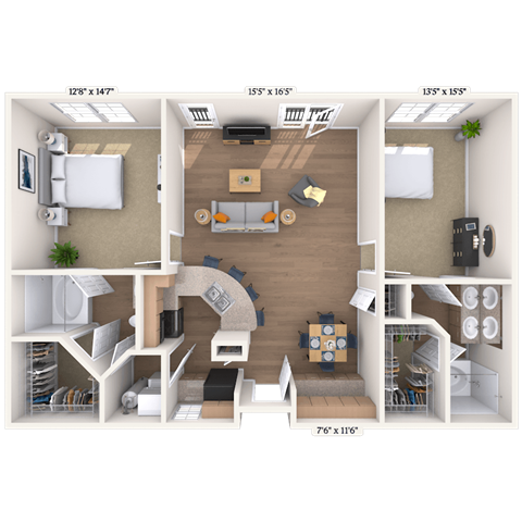 Floor plan for 2 beds, 2 baths, 1003 sqft