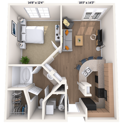 Floor plan for 1 bed, 1 bath, 806 sqft