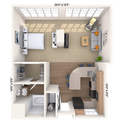 Floor plan for 1 bed, 1 bath, 814 sqft