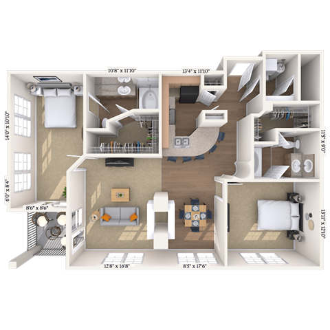 Floor plan for 2 beds, 2.5 baths, 1376 sqft