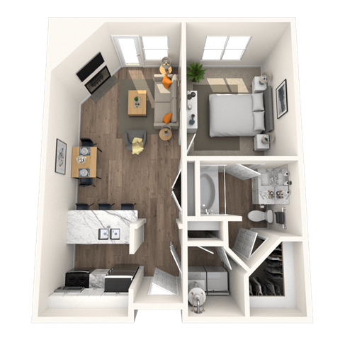 Floor plan for 1 bed, 1 bath, 667 sqft
