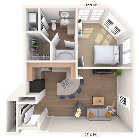 Floor plan for 1 bed, 1 bath, 691 sqft
