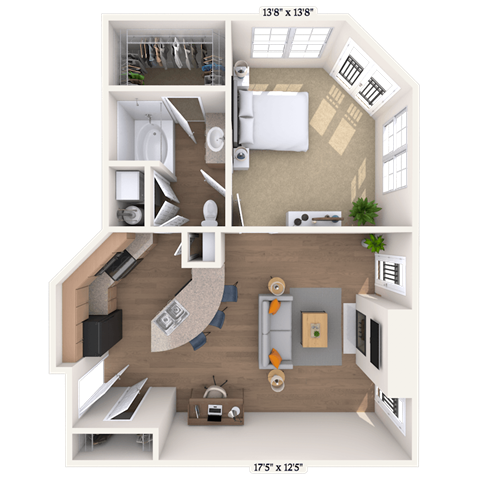 Floor plan for 1 bed, 1 bath, 870 sqft