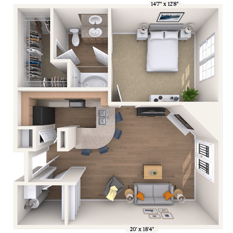 Floor plan for 1 bed, 1 bath, 834 sqft