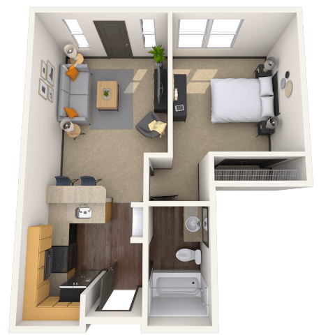 Floor plan for 1 bed, 1 bath, 646 sqft