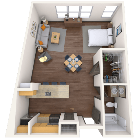 Floor plan for studio, 1 bath, 678 sqft