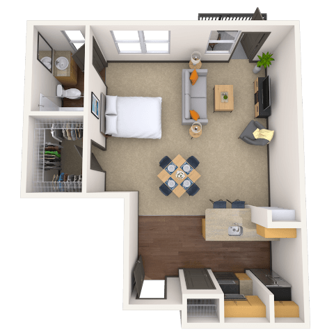 Floor plan for studio, 1 bath, 671 sqft