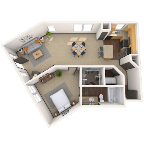 Floor plan for 1 bed, 1 bath, 867 sqft