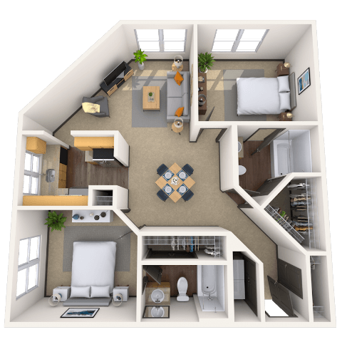 Floor plan for 2 beds, 2 baths, 949 sqft