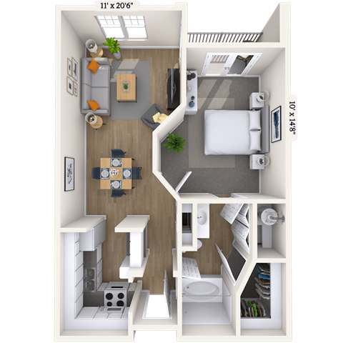 Floor plan for 1 bed, 1 bath, 653 sqft