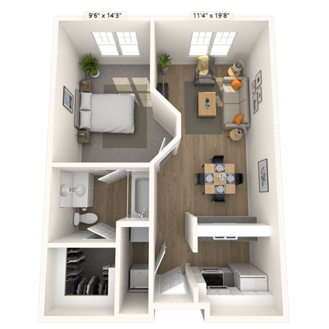 Floor plan for 1 bed, 1 bath, 605 sqft