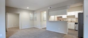 Dallas apartment for rent - an empty living room and kitchen with a refrigerator and a sink