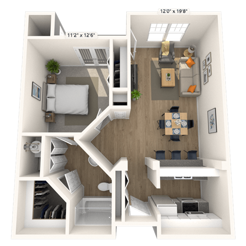 Floor plan for 1 bed, 1 bath, 729 sqft