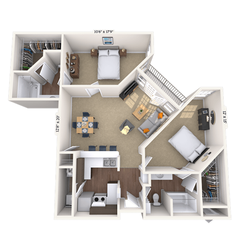 Floor plan for 2 beds, 2 baths, 1139 sqft