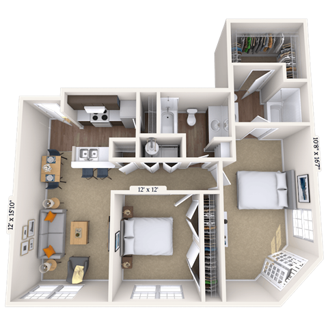 Floor plan for 2 beds, 2 baths, 1028 sqft