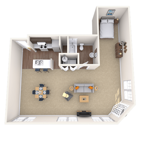 Floor plan for 1 bed, 1 bath, 950 sqft