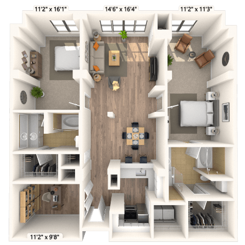 Floor plan for 2 beds, 2 baths, 1310 sqft