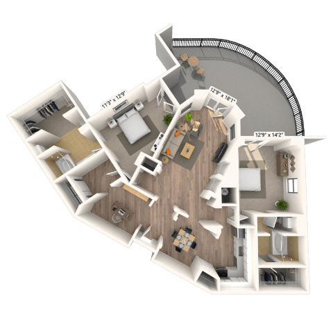 Floor plan for 2 beds, 2 baths, 1413 sqft