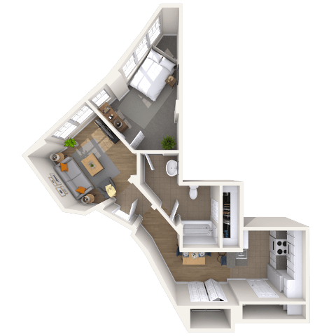 Floor plan for 1 bed, 1 bath, 720 sqft