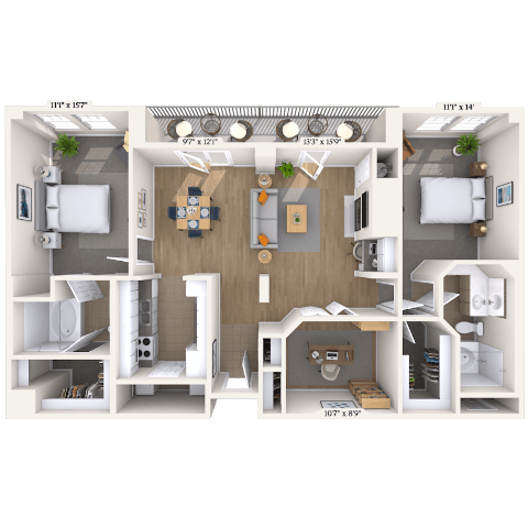 Floor plan for 2 beds, 2 baths, 1326 sqft