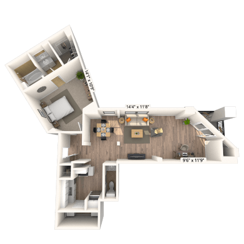 Floor plan for 1 bed, 1 bath, 916 sqft