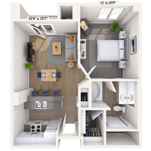 Floor plan for 1 bed, 1 bath, 607 sqft
