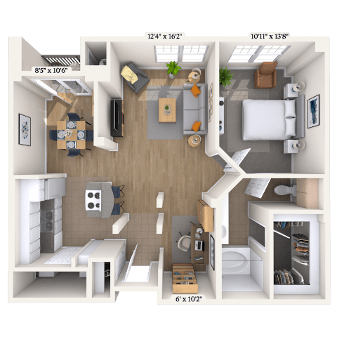 Floor plan for 1 bed, 1 bath, 850 sqft