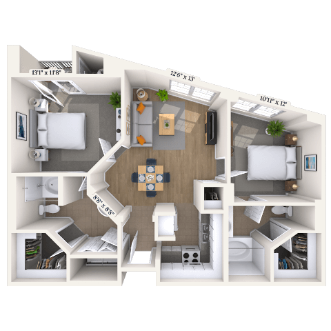 Floor plan for 2 beds, 2 baths, 988 sqft
