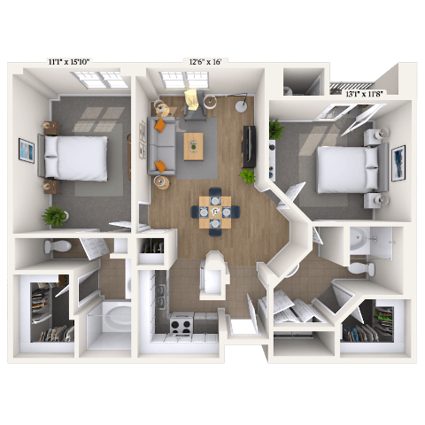 Floor plan for 2 beds, 2 baths, 1019 sqft