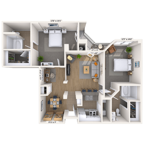 Floor plan for 2 beds, 2 baths, 1195 sqft