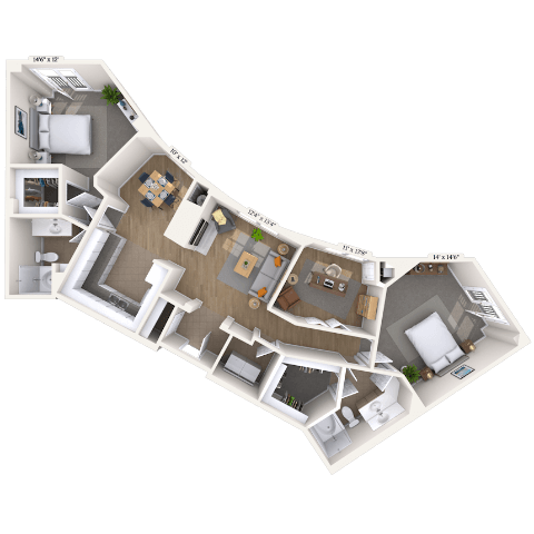 Floor plan for 2 beds, 2 baths, 1394 sqft