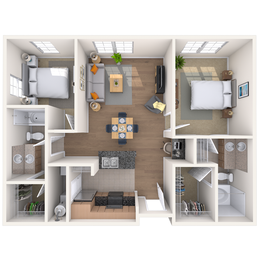 Floor plan for 2 beds, 2 baths, 1024 sqft